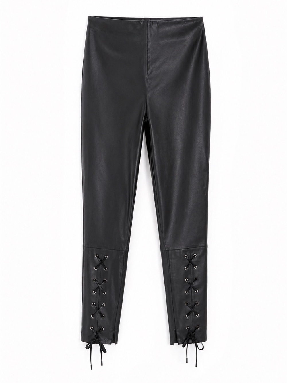 Boutique Black Faux Leather Lace-Up Ankle Pants High Waist Chic